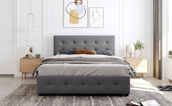 English Elm Upholstered Queen Storage Bed Tufted Linen Headboard Four Drawers No Box Spring LP100114AAN