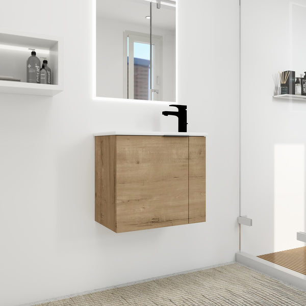 English Elm Bathroom Vanity Ceramic Sink 22" Floating Wall-Mount Vanity with Matte Black Handle and Soft Close Door Imitative Oak W99968770