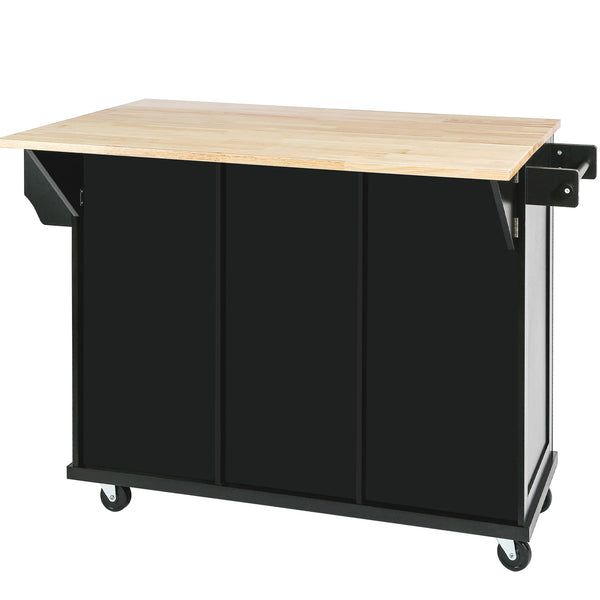 English Elm Kitchen Cart with Drop-Leaf Rubberwood Countertop, Rolling Island with Cabinet, Drawers & Racks for Dining Room - Stylish Durable Storage Solution Black WF298028AAB