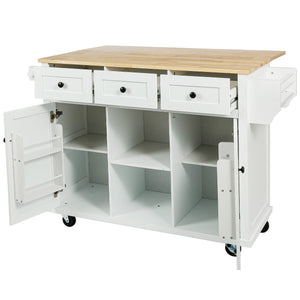 English Elm Kitchen Cart with Drop-Leaf Rubberwood Countertop, Rolling Island with Cabinet, Drawers & Racks for Dining Room - Stylish Durable Storage Solution White WF298028AAW