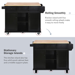 English Elm Kitchen Cart with Drop-Leaf Rubberwood Countertop, Rolling Island with Cabinet, Drawers & Racks for Dining Room - Stylish Durable Storage Solution Black WF298028AAB