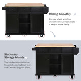 English Elm Kitchen Cart With Rubber Wood Drop-Leaf Countertop ,Cabinet Door Internal Storage Racks,Kitchen Island On 5 Wheels With Storage Cabinet and 3 Drawers For Dinning Room, Black