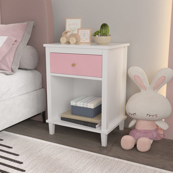 English Elm 26.77''H Modern Wooden Nightstand with Drawer and Open Shelf, Sturdy MDF Build, Tip-Restraint Included Pink 26 L x 19 W x 6.2 H W80859135