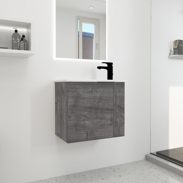English Elm Bathroom Vanity Ceramic Sink 22" Floating Wall-Mount Vanity with Matte Black Handle and Soft Close Door Plaid Grey Oak W99968776