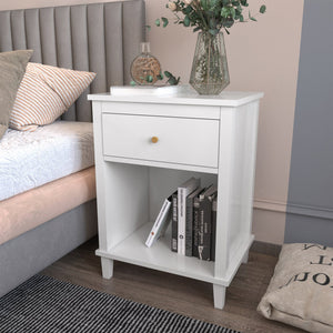 English Elm 26.77''H Modern Wooden Nightstand with Drawer and Open Shelf, Sturdy MDF Build, Tip-Restraint Included White 25.42 L x 19.08 W x 6.33 H W80859138