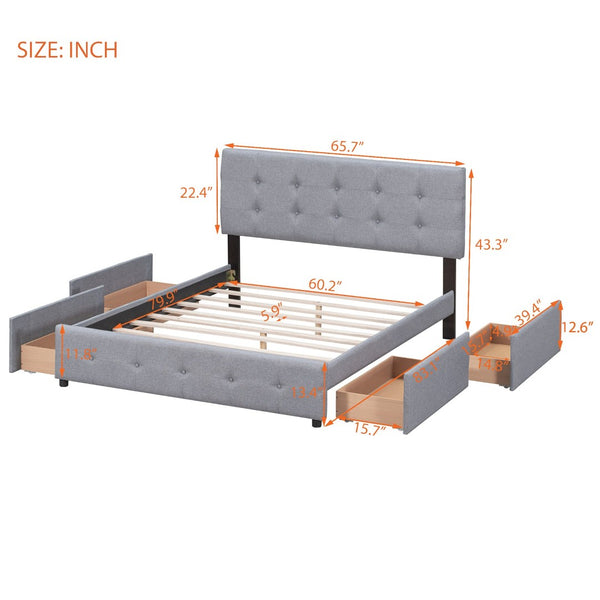English Elm Upholstered Queen Storage Bed Tufted Linen Headboard Four Drawers No Box Spring LP100114AAN
