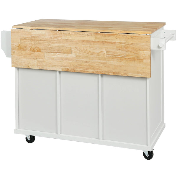 English Elm Kitchen Cart with Drop-Leaf Rubberwood Countertop, Rolling Island with Cabinet, Drawers & Racks for Dining Room - Stylish Durable Storage Solution White WF298028AAW