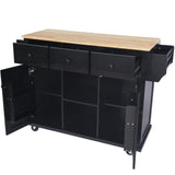 English Elm Kitchen Cart With Rubber Wood Drop-Leaf Countertop ,Cabinet Door Internal Storage Racks,Kitchen Island On 5 Wheels With Storage Cabinet and 3 Drawers For Dinning Room, Black