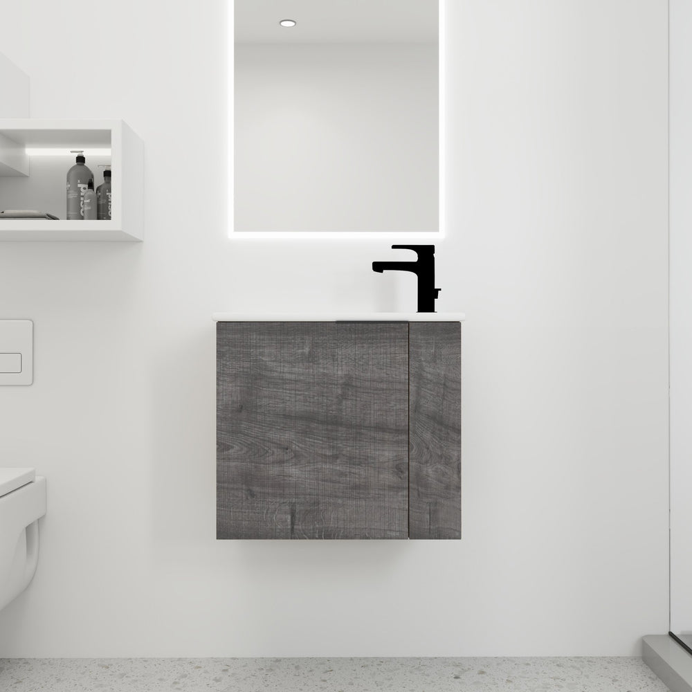 English Elm Bathroom Vanity Ceramic Sink 22" Floating Wall-Mount Vanity with Matte Black Handle and Soft Close Door Plaid Grey Oak W99968776