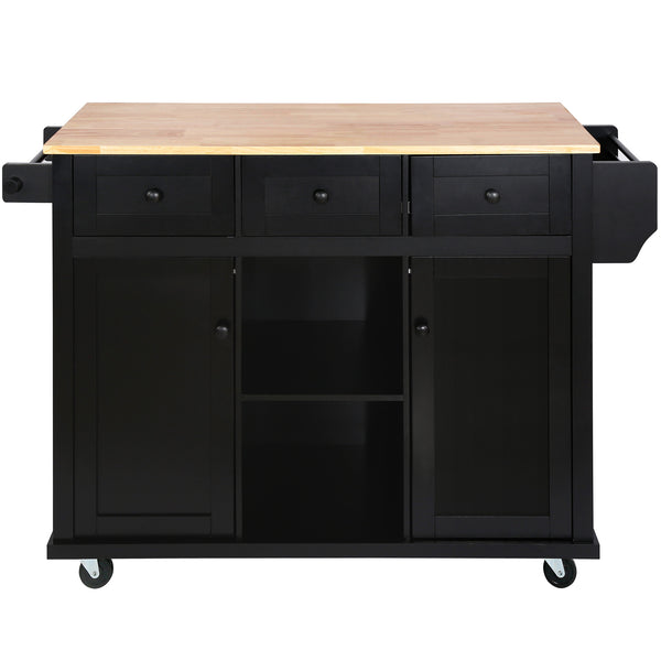 English Elm Kitchen Cart with Drop-Leaf Rubberwood Countertop, Rolling Island with Cabinet, Drawers & Racks for Dining Room - Stylish Durable Storage Solution Black WF298028AAB