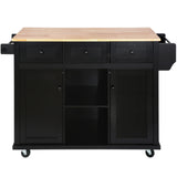 English Elm Kitchen Cart With Rubber Wood Drop-Leaf Countertop ,Cabinet Door Internal Storage Racks,Kitchen Island On 5 Wheels With Storage Cabinet and 3 Drawers For Dinning Room, Black