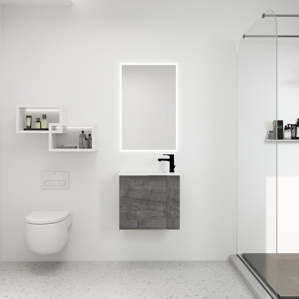 English Elm Bathroom Vanity Ceramic Sink 22" Floating Wall-Mount Vanity with Matte Black Handle and Soft Close Door Plaid Grey Oak W99968776