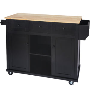 English Elm Kitchen Cart with Drop-Leaf Rubberwood Countertop, Rolling Island with Cabinet, Drawers & Racks for Dining Room - Stylish Durable Storage Solution Black WF298028AAB