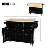 English Elm Kitchen Cart With Rubber Wood Drop-Leaf Countertop ,Cabinet Door Internal Storage Racks,Kitchen Island On 5 Wheels With Storage Cabinet and 3 Drawers For Dinning Room, Black