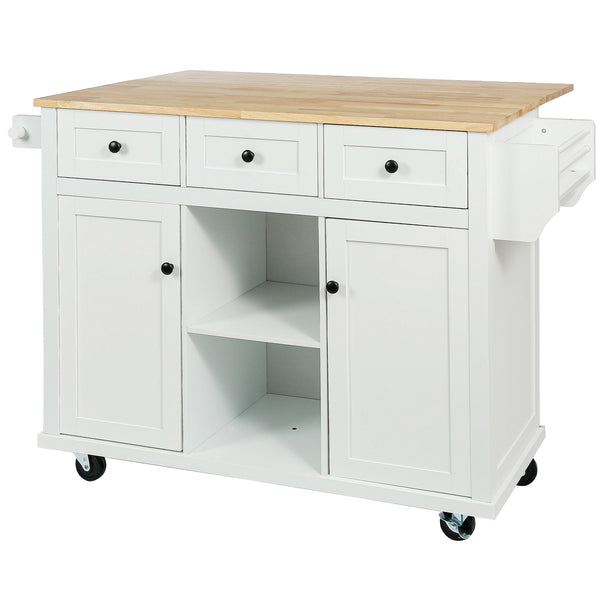 English Elm Kitchen Cart with Drop-Leaf Rubberwood Countertop, Rolling Island with Cabinet, Drawers & Racks for Dining Room - Stylish Durable Storage Solution White WF298028AAW