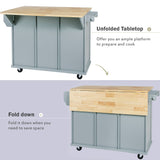 English Elm Kitchen Cart With Rubber Wood Drop-Leaf Countertop ,Cabinet Door Internal Storage Racks,Kitchen Island On 5 Wheels With Storage Cabinet and 3 Drawers For Dinning Room, Grey Blue