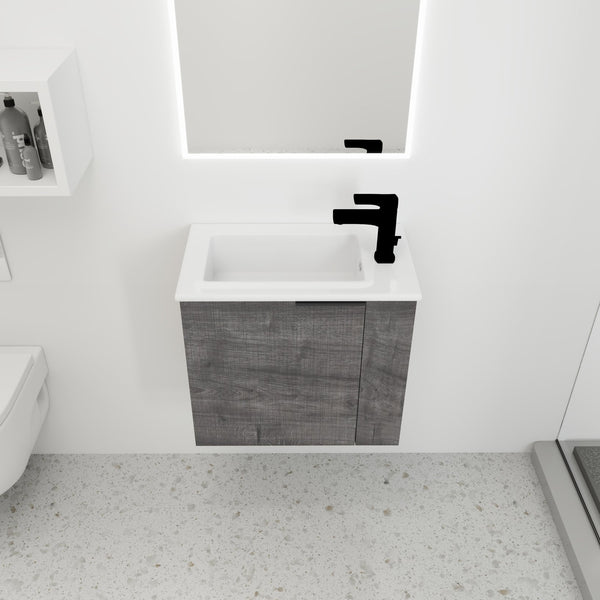English Elm Bathroom Vanity Ceramic Sink 22" Floating Wall-Mount Vanity with Matte Black Handle and Soft Close Door Plaid Grey Oak W99968776