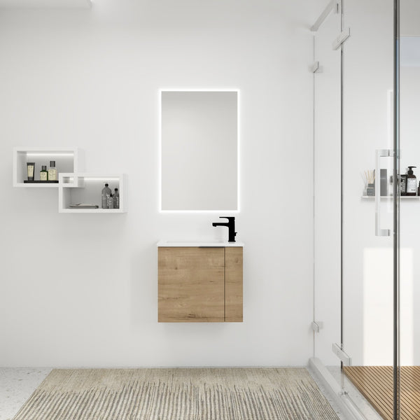 English Elm Bathroom Vanity Ceramic Sink 22" Floating Wall-Mount Vanity with Matte Black Handle and Soft Close Door Imitative Oak W99968770