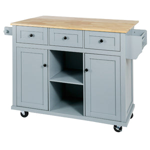 English Elm Kitchen Cart with Drop-Leaf Rubberwood Countertop, Rolling Island with Cabinet, Drawers & Racks for Dining Room - Stylish Durable Storage Solution Blue WF298028AAN
