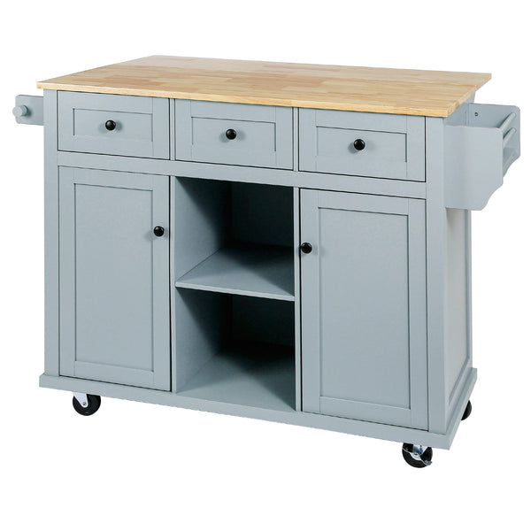 English Elm Kitchen Cart with Drop-Leaf Rubberwood Countertop, Rolling Island with Cabinet, Drawers & Racks for Dining Room - Stylish Durable Storage Solution Blue WF298028AAN