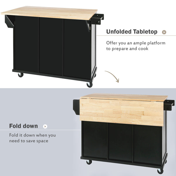 English Elm Kitchen Cart with Drop-Leaf Rubberwood Countertop, Rolling Island with Cabinet, Drawers & Racks for Dining Room - Stylish Durable Storage Solution Black WF298028AAB
