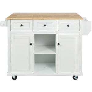 English Elm Kitchen Cart with Drop-Leaf Rubberwood Countertop, Rolling Island with Cabinet, Drawers & Racks for Dining Room - Stylish Durable Storage Solution White WF298028AAW
