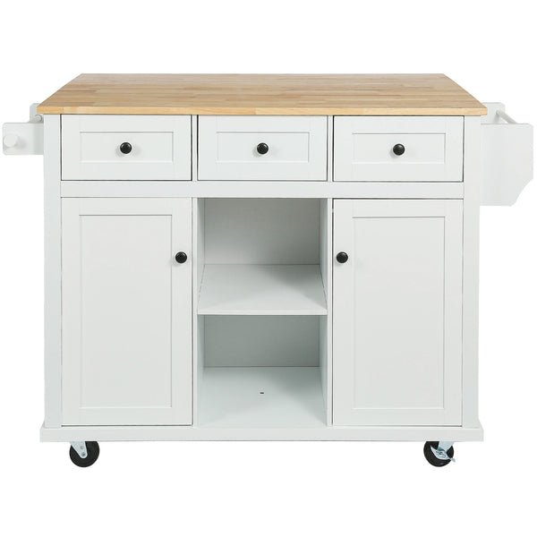 English Elm Kitchen Cart with Drop-Leaf Rubberwood Countertop, Rolling Island with Cabinet, Drawers & Racks for Dining Room - Stylish Durable Storage Solution White WF298028AAW