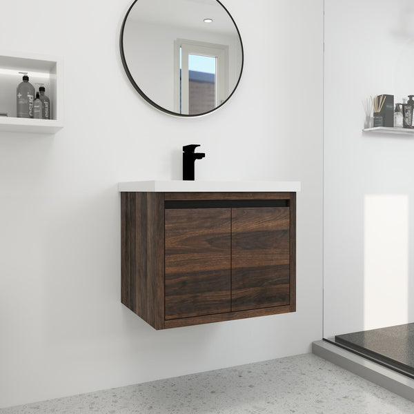English Elm Bathroom Cabinet Floating Vanity with Resin Sink, Wall-Mounted Storage, Soft-Close Doors, Durable Finish California Walnut W99969683