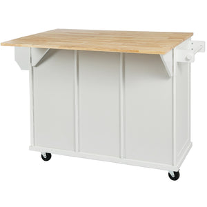 English Elm Kitchen Cart with Drop-Leaf Rubberwood Countertop, Rolling Island with Cabinet, Drawers & Racks for Dining Room - Stylish Durable Storage Solution White WF298028AAW