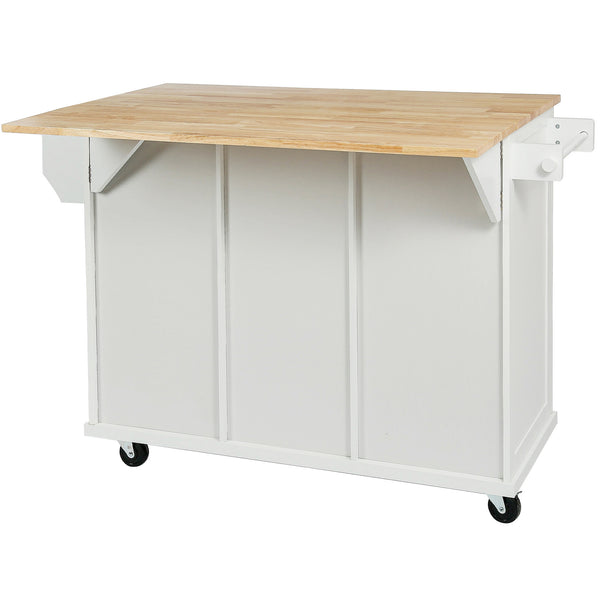 English Elm Kitchen Cart with Drop-Leaf Rubberwood Countertop, Rolling Island with Cabinet, Drawers & Racks for Dining Room - Stylish Durable Storage Solution White WF298028AAW