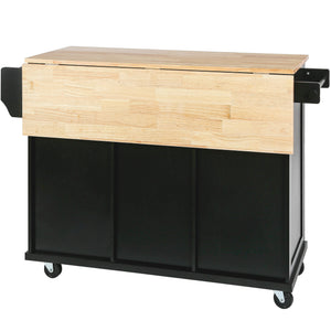 English Elm Kitchen Cart with Drop-Leaf Rubberwood Countertop, Rolling Island with Cabinet, Drawers & Racks for Dining Room - Stylish Durable Storage Solution Black WF298028AAB