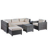 Hearth and Haven Hialeah 8 Piece Rattan Sectional Seating Set with Cushions, Beige