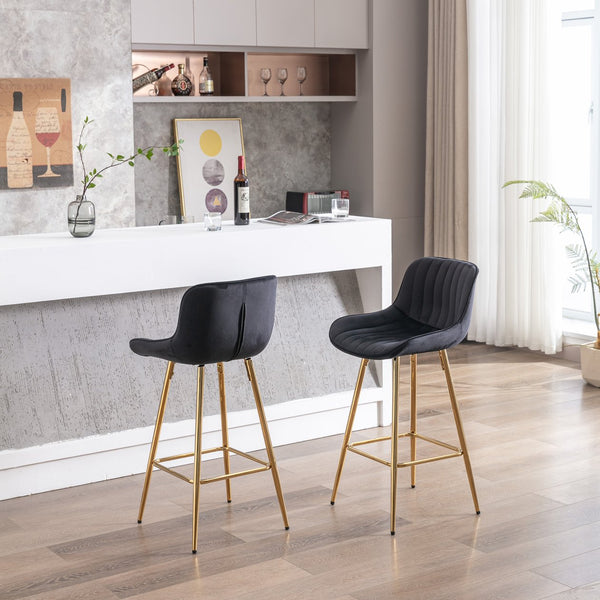 English Elm 26 Inch Set Of 2 Velvet Bar Stools With Golden Legs & Chrome Footrests – Chic & Comfortable Seating W124973004