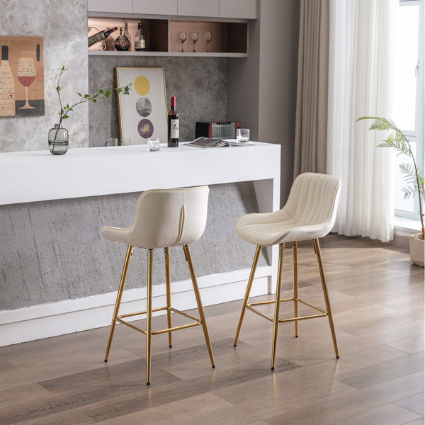 English Elm 26 Inch Set Of 2 Cream Velvet Bar Stools With Golden Legs & Chrome Footrest For Elegant Dining W124973005