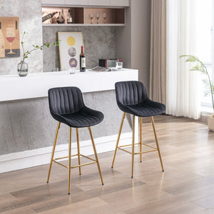 English Elm 26 Inch Set Of 2 Velvet Bar Stools With Golden Legs & Chrome Footrests – Chic & Comfortable Seating W124973004