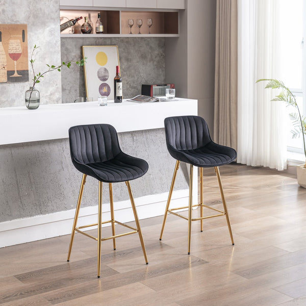 English Elm 26 Inch Set Of 2 Velvet Bar Stools With Golden Legs & Chrome Footrests – Chic & Comfortable Seating W124973004
