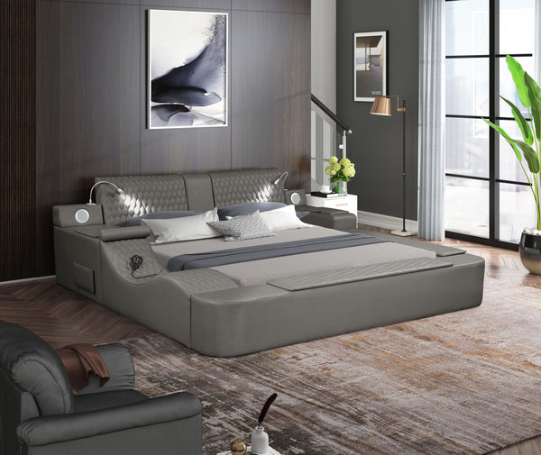 English Elm ZOYA King Bed Gray with Remote Massage Chaise, Bluetooth Speakers, USB Charging & Storage Drawers B009S01009