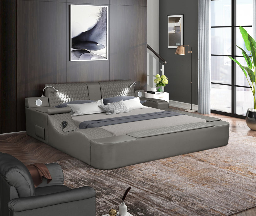 English Elm ZOYA Ultra-Modern Queen Bed with Massage Chaise, Bluetooth Speakers, USB Charging & Storage Gray B009S01666