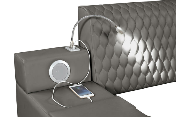 English Elm ZOYA King Bed Gray with Remote Massage Chaise, Bluetooth Speakers, USB Charging & Storage Drawers B009S01009