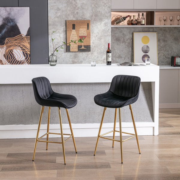 English Elm 26 Inch Set Of 2 Velvet Bar Stools With Golden Legs & Chrome Footrests – Chic & Comfortable Seating W124973004