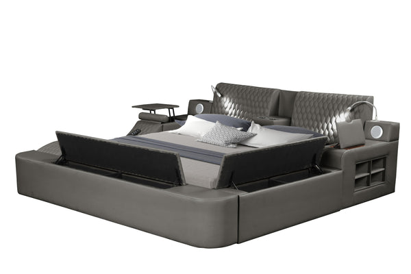 English Elm ZOYA Ultra-Modern Queen Bed with Massage Chaise, Bluetooth Speakers, USB Charging & Storage Gray B009S01666