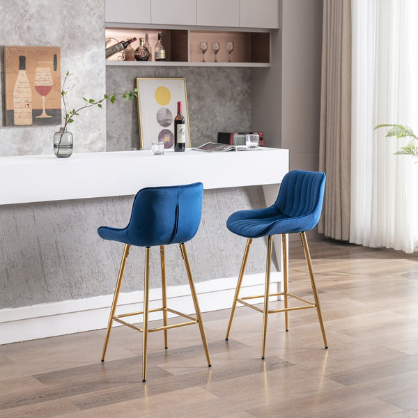 English Elm 26 Inch Set Of 2 Elegant Velvet Bar Stools With Gold Steel Frame, Plush Blue Design For Comfort W124973003