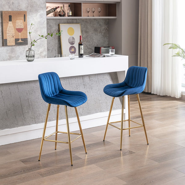 English Elm 26 Inch Set Of 2 Elegant Velvet Bar Stools With Gold Steel Frame, Plush Blue Design For Comfort W124973003