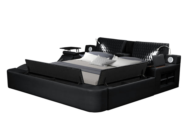 English Elm ZOYA Smart Queen Bed with Massage Chaise, Bluetooth Speakers, USB Charging, Lights & Storage Black B009S01668