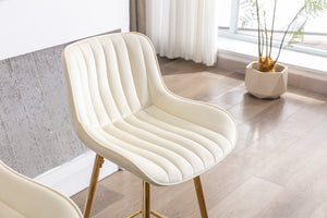 English Elm 26 Inch Set Of 2 Cream Velvet Bar Stools With Golden Legs & Chrome Footrest For Elegant Dining W124973005