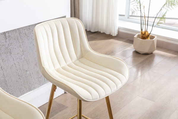 English Elm 26 Inch Set Of 2 Cream Velvet Bar Stools With Golden Legs & Chrome Footrest For Elegant Dining W124973005
