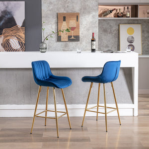 English Elm 26 Inch Set Of 2 Elegant Velvet Bar Stools With Gold Steel Frame, Plush Blue Design For Comfort W124973003