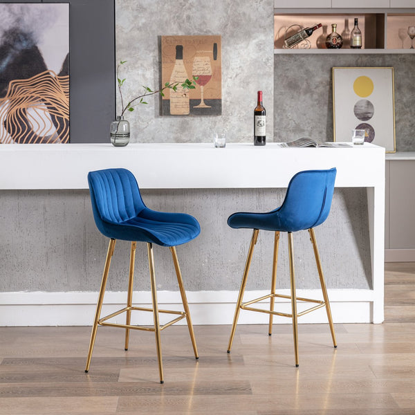 English Elm 26 Inch Set Of 2 Elegant Velvet Bar Stools With Gold Steel Frame, Plush Blue Design For Comfort W124973003