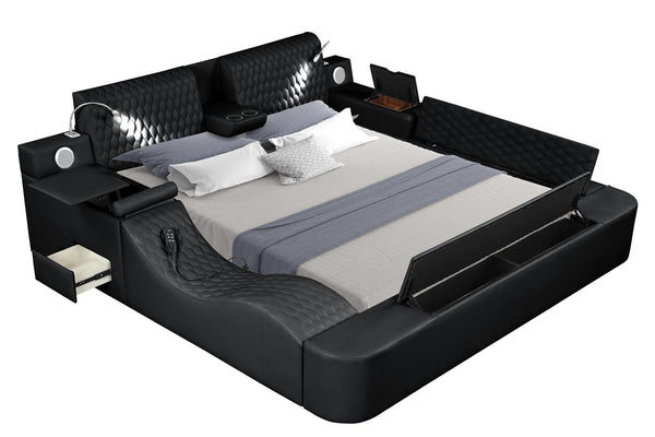 English Elm ZOYA Multifunctional King Bed with Massage, Bluetooth Speakers, USB Charging, Storage & Lights - Black B009S01669