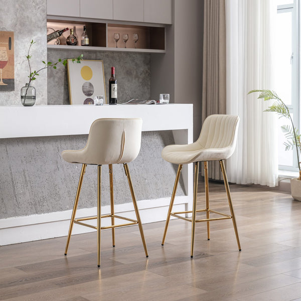 English Elm 26 Inch Set Of 2 Cream Velvet Bar Stools With Golden Legs & Chrome Footrest For Elegant Dining W124973005